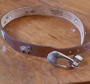 Brown Leather Belt with Silver Buckle and Rustic Design